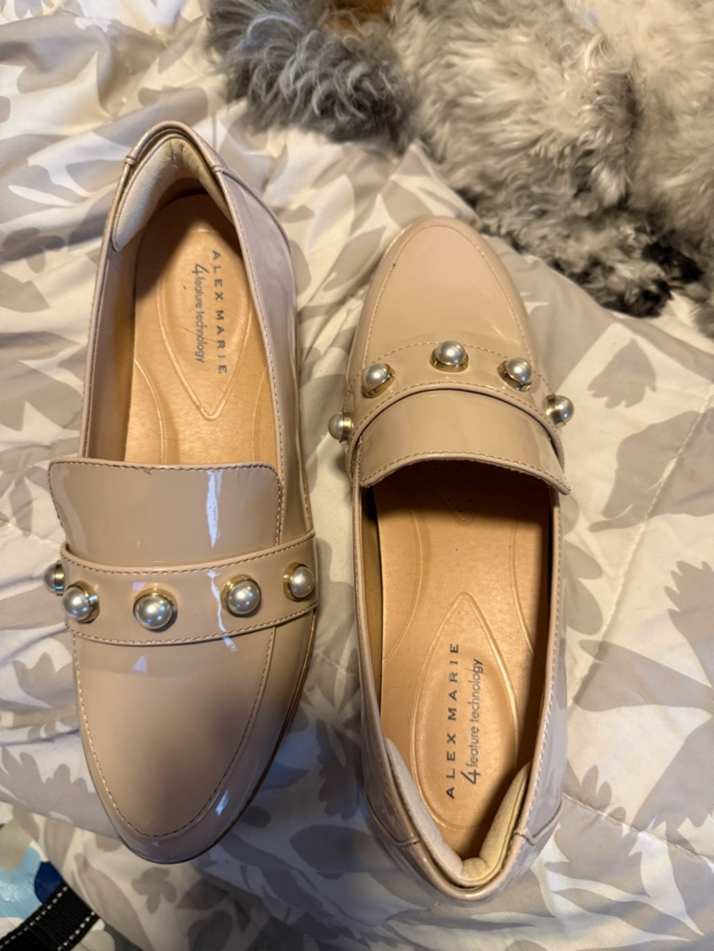 Alex Marie Beige Patent Loafers with Pearl Studs